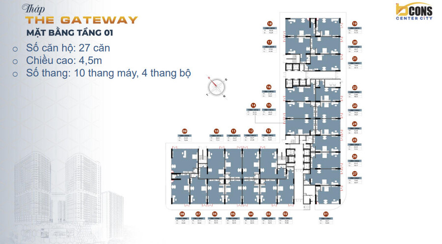 MẶT BẰNG TỔNG THỂ BCONS CENTER CITY - THÁP THE GATEWAY